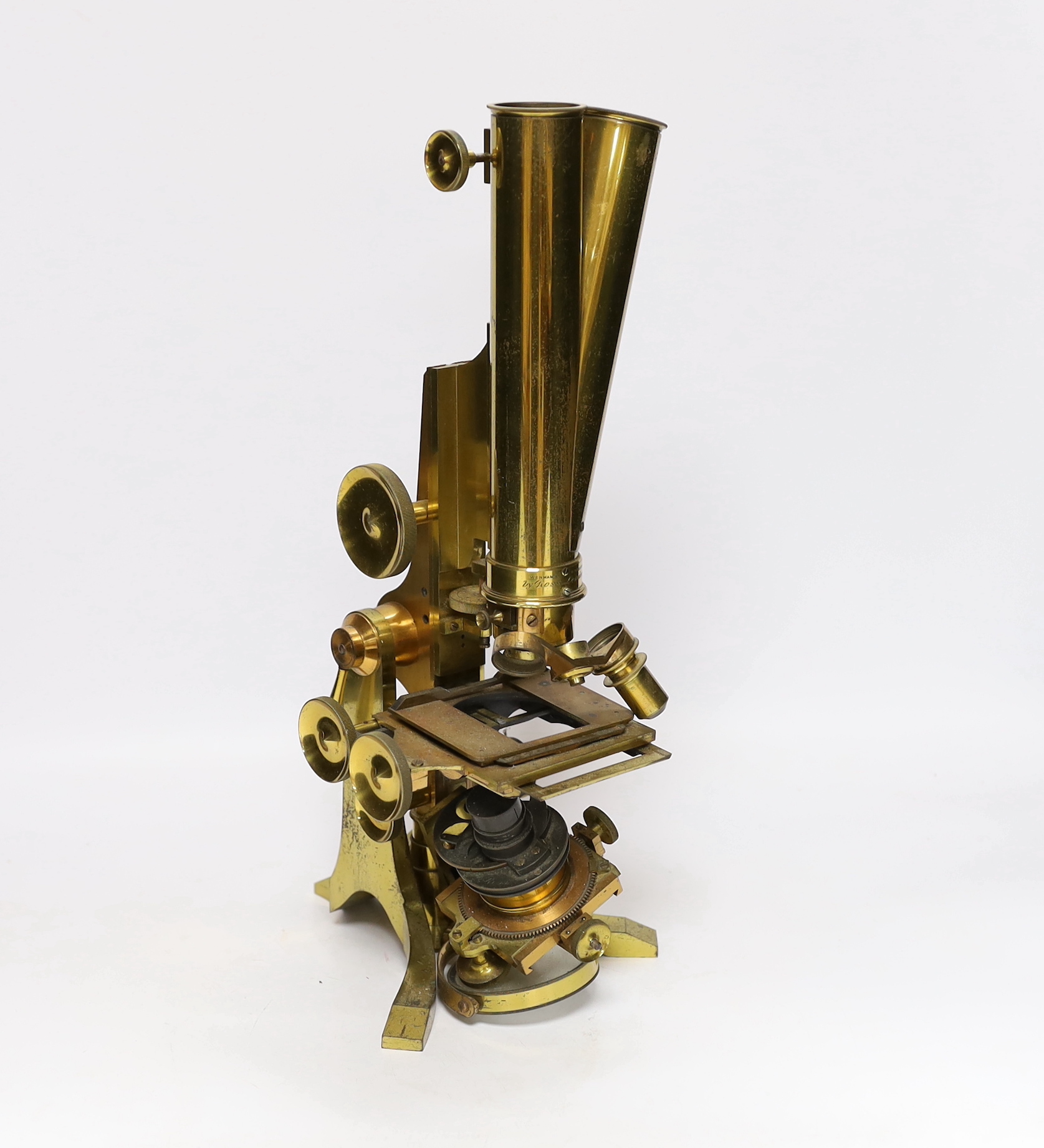 A Ross of London cased 'Wenham's' binocular brass microscope, wooden case with fitted interior and containing three sets of lenses, case 41.5cm high